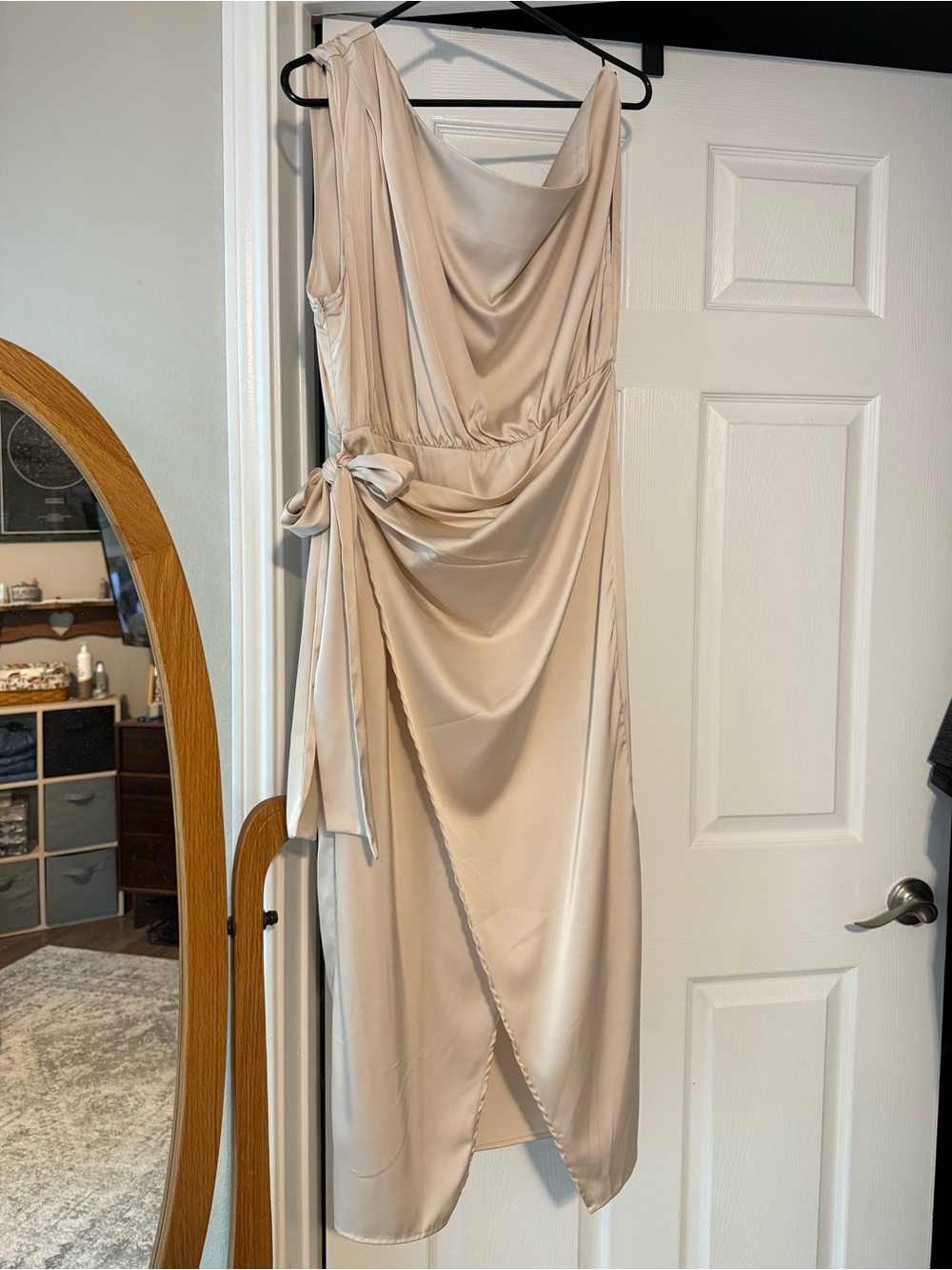 One-Shoulder Satin Wrap Dress in Champagne